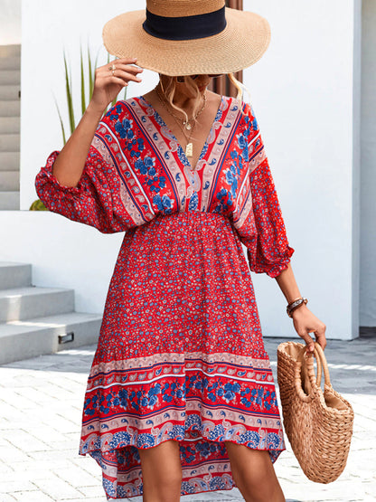 Women's Woven V-Neck Open Back Bohemian Dress